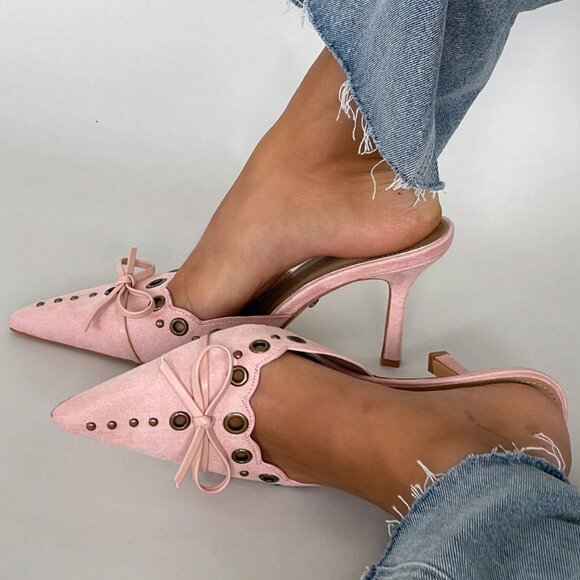 Shoes - Pink Casual Women's High Heel Suede Pointy Mules